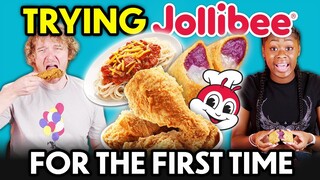 Americans Try Jollibee For The First Time! (Chickenjoy, Yum Burger, Burger Steak, Jolly Spaghetti)