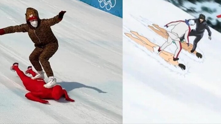 Swiss "comedy" athlete makes a new career, imitating Gintama's famous scene, using teammates as skis