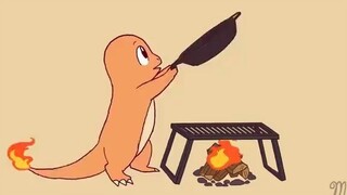 Charmander ผู้น่ารักทำแพนเค้กและกินเป็นชิ้นใหญ่ในตอนท้าย มันน่ารักมาก!