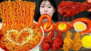 ASMR MUKBANG| 직접 만든 불닭 너구리 불그리 양념치킨 소세지 먹방 & 레시피 FRIED CHICKEN AND FIRE NOODLES EATING