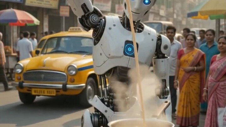 a robot making tea on road side
