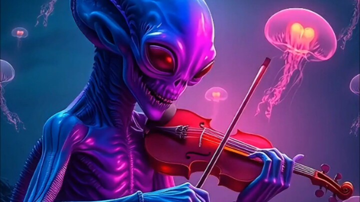 alien playing violin