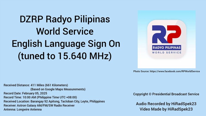DZRP Radyo Pilipinas World Service English Language Sign On (tuned to 15.640 MHz)