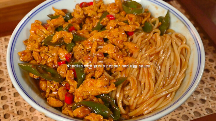 Food making- Noodles served with green pepper and egg sauce