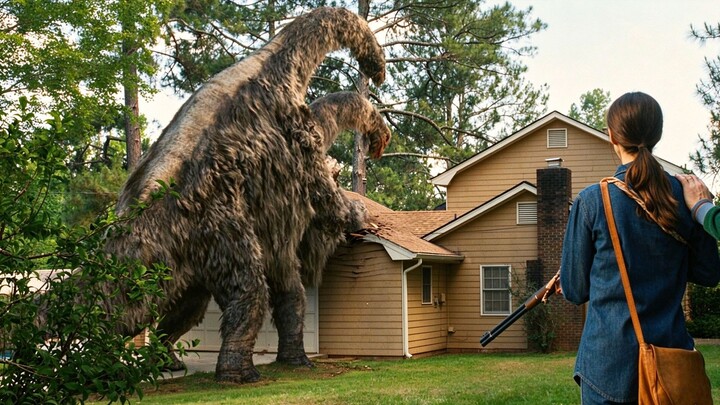 The woman went around to the back of the house and unexpectedly saw two dinosaurs doing a human pyra
