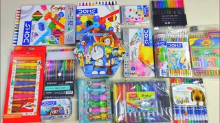 unboxing collection of colours, doraemon colour kit, doms colour, brush pen, rolling crayon, pen,