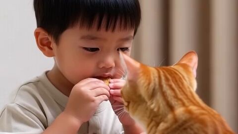 แมวส้มแย้งเด็กกินขนม