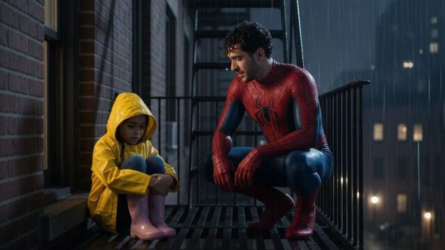Spiderman a kid give him a chocolate