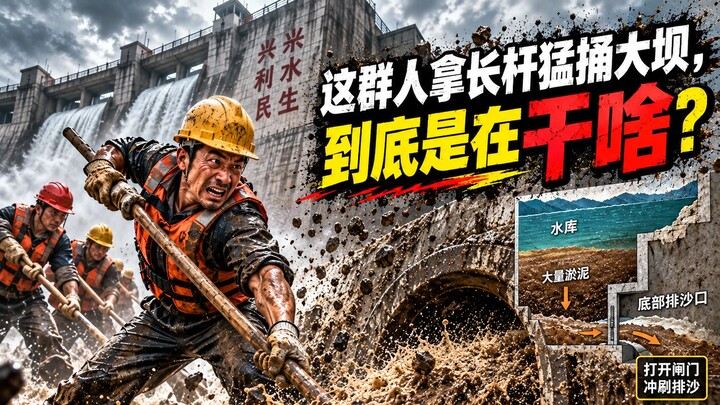What on earth are these people doing, vigorously poking at the dam with long poles?