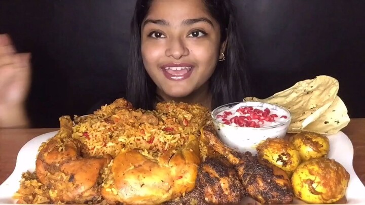 TANDOORI CHICKEN BRIYANI, TANDOORI CHICKEN LEGS, RAITA, EGG KOSHA, PAPAD | EATING ASMR | MUKBANG