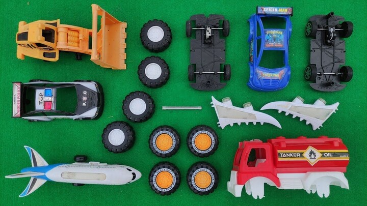 ASSEMBLE TOYS: Racing Car, Police Car, Tank Truck, Airplane, Bulldozer