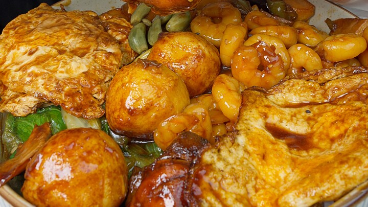 เติ้งซานเซียน ผักกาดขาวผัดน้ำมันหอย น่องไก่โค้ก ลูกชิ้นปลาซอสเทอริยากิ ไข่ดาว กุ้งผัดโค้ก เบอร์เกอร์