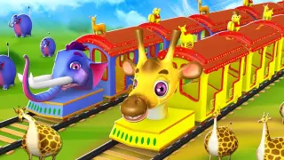 Funny Animals Giraffe Elephant Train Fight in Zoo Monkey Train Ride Jungle Animals 3D Cartoon Videos