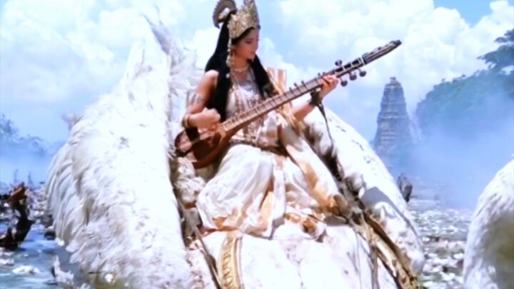 Goddess Saraswati riding an enormous white swan across a lotus covered sacred lake at dawn🌺🙇🏻🙌🏻