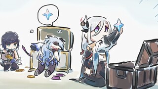 (为了抽师傅)申鹤：又找到一颗原石甘雨：我攒的石头呢？夜兰：还是摩拉好，这么多！画师《心脏弱真君》