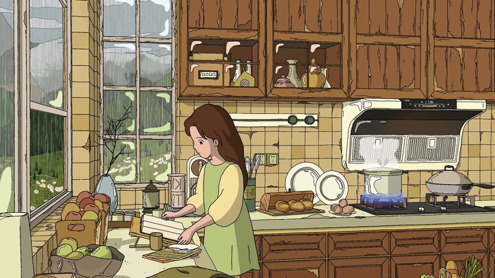 【أوقات القراءة في المطبخ يوم ممطر صيفي】 تعالي ندرس ونعمل لمدة ساعة بجوار النافذة الباردة! غرفة مذاكر