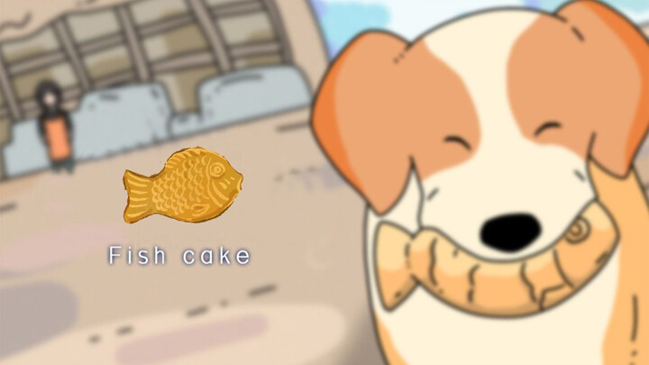 A stray dog brings the fish cake to its babies