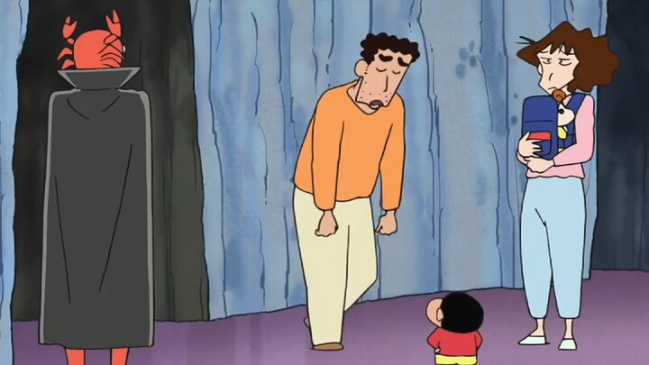 The Nohara family bursts into the crab restaurant, brimming with anticipation.