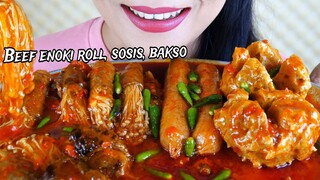 ASMR BEEF ENOKI ROLL, SOSIS DAN BAKSO DALAM SAUS SUPER PEDAS | EATING SOUNDS