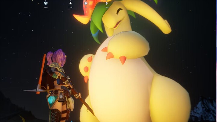 Hitting the road at night, I stumbled upon a giant, glowing green dragon fast asleep! [Palworld]