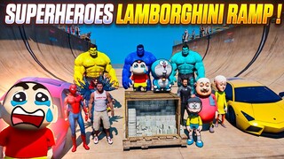 LAMBORGHINI MEGA RAMP CHALLENGE WITH SHINCHAN DORAEMON NOBITA & AVENGERS😱SHINCHAN CRIED FULL FUN🤣