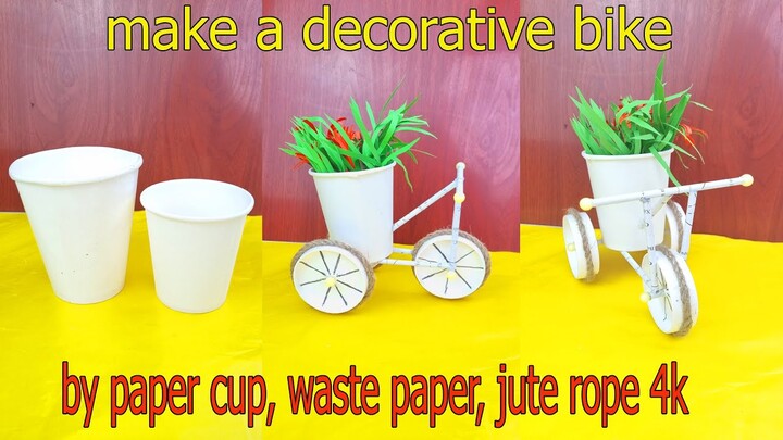 make a decorative bike,by paper cup, waste paper, jute rope video 4k _ Ngoc Thanh HANDMADE