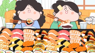 -Yanghuahua Animation Mukbang｜Bữa tối Sushi hấp dẫn của mẹ và tôi～