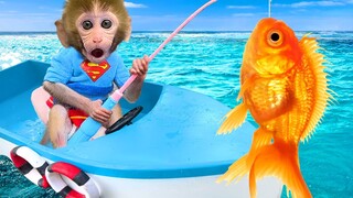 Monkey Baby Bon Bon doing shopping for toy car and Eats Ice Cream with puppy at the pool