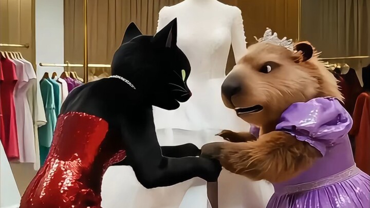 Black Cat and Capybara fight for skirts, beauty contest