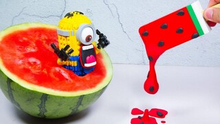 Mukbang Watermelon Ice Cream LEGO Minions รักไอศกรีมในชีวิตจริง - Stop Motion Cooking & Lego ASMR