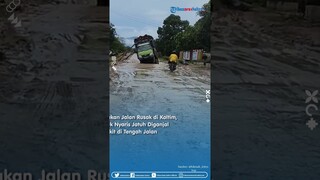 PEnampakan Jalan Rusak di Koltim, Mobil Truk Nyaris Jatuh Diganjal Kayu Parkit di Tengah Jalan