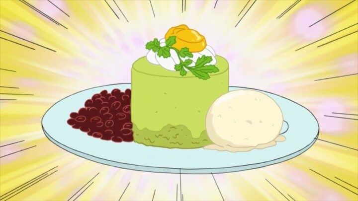 [Crayon Shin-chan] Makan kue rasa matcha, kacang merah dan barley, serta bola es krim di kedai kopi 