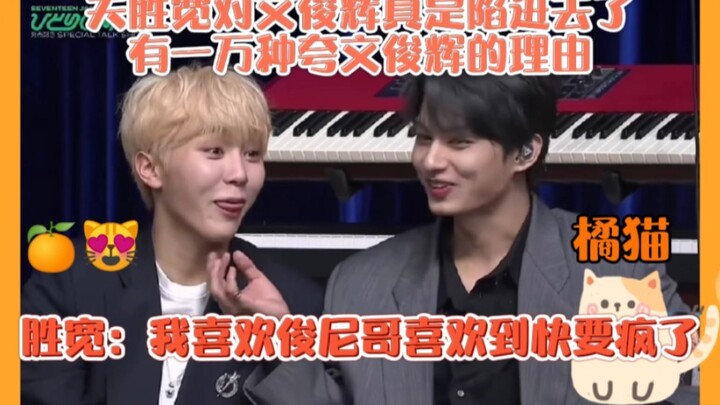 夫胜宽：我喜欢俊尼哥喜欢到快要疯了！对文俊辉是陷进去了！胜宽有一万种夸文俊辉的理由！橘猫互宠