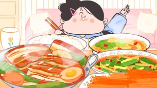 -Yanghuahua animation mukbang｜Mì tẩm dầu thịt với dưa chuột chua cay và nấm kim châm cay có thể làm 