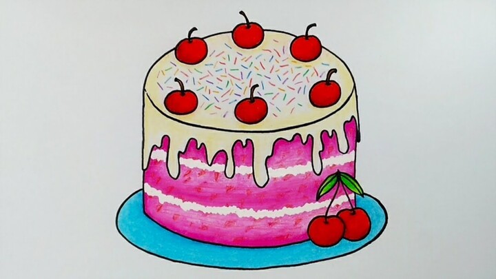 Cara menggambar kue ulang tahun || Belajar menggambar dan mewarnai kue
