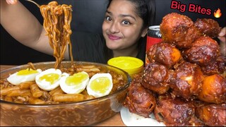 SPICY BLACK BEAN NOODLES 🔥 WITH RICE CAKES AND KOREAN FRIED DRUMSTICKS 🍗 WITH BOILED EGGS |MUKBANG