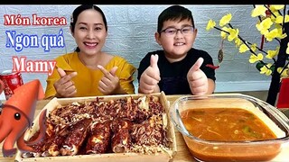 Vlog 76| Ăn Mực, Nấm kim châm Món ăn hàn quốc | Squid and Mushroom korea food| Hanh le vlog