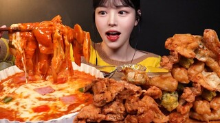 SUB)치즈가득 김치떡볶이 먹방! 숟가락으로 국물까지 싹 퍼먹기 치킨 김말이 오징어튀김 분식 꿀조합 리얼사운드 Kimchi Tteokbokki Mukbang Asmr