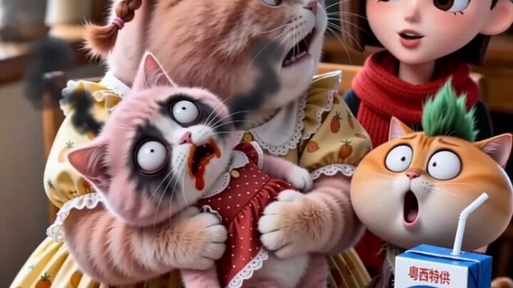 The little kitten got spicy after eating turkey noodles.