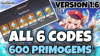 6 NEW CODES + 600 PRIMOGEMS | Genshin Impact 1.6 UPDATE