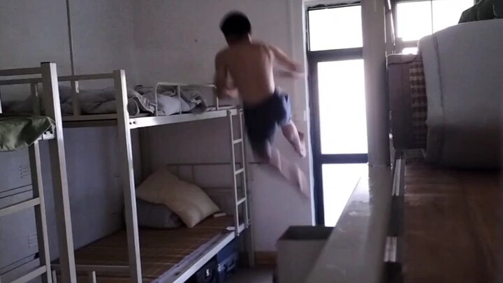 The fastest way to get into bed on the top bunk in a dormitory