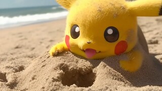 Pikachu sedang bermain di pantai, senang sekali