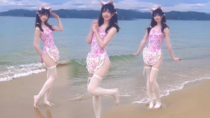 สาวหวานหูแมวสีชมพู～o(≧v≦)o～ชุดว่ายน้ำสุดน่ารักสำหรับชายหาดในหน้าร้อน!