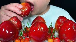 Chewing Sound - Eat Nectarine and Cherry Sugar-Coated Haws on Sticks