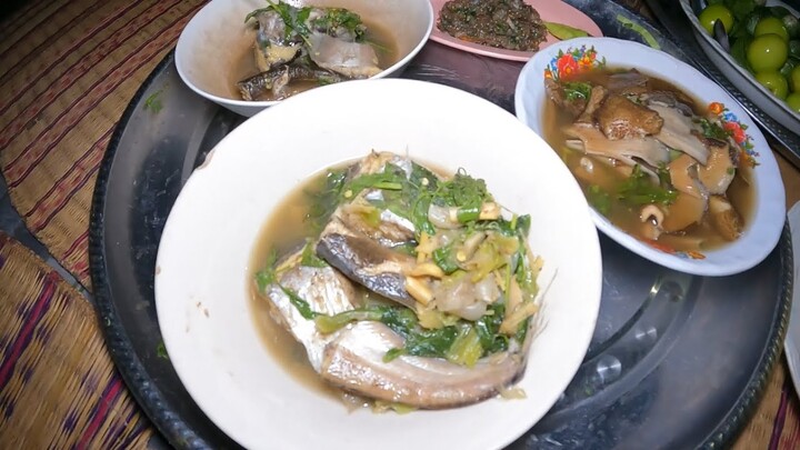 หมกหม้อปลานางใหญ่ ตำป่นกุ้ง บักเขือกรอบๆผักกาดหน้าบ้าน ลองไฟใหม่