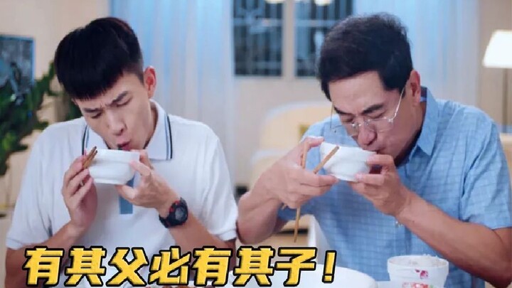 A boy imitates his dad—slurping his food and shaking his leg—but mom complains, "You're acting like 