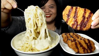 CREAMY FETUCCINE PASTA//CRISPY PORK TONKATSU WITH CHEESE SAUCE//NO TALKING//MUKBANG