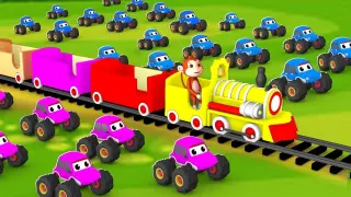 Funny Animals Monkey Monster Truck & Train Race with Elephant Panda Cartoon Animals Comedy Videos 3D