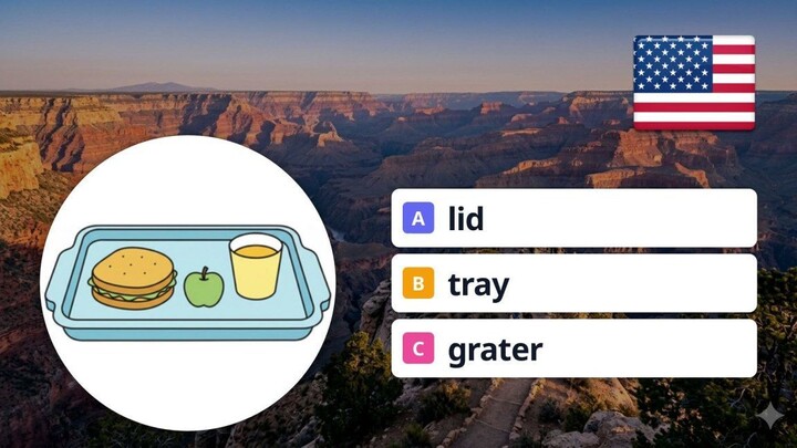 4 English Object Words: Tray, Grater, Lid, Colander Quiz
