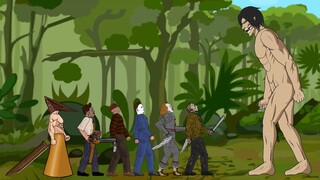 Eren Titan vs Pyramid Head, Jason, Pennywise, Michael, Freddy, Leather face - Drawing Cartoons 2